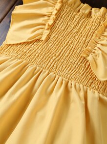 女孩荷葉邊打褶方領網眼刺繡下擺洋裝 - 黃色 - 查看 7