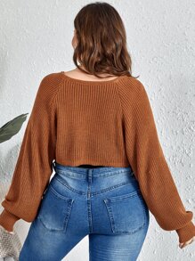 Calvaya Plus Batwing Sleeve Crop Jumper - Coffee Brown - View 2
