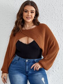 Calvaya Plus Batwing Sleeve Crop Jumper - Coffee Brown - View 3