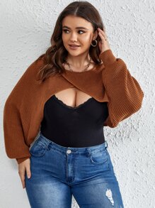 Calvaya Plus Batwing Sleeve Crop Jumper - Coffee Brown - View 4