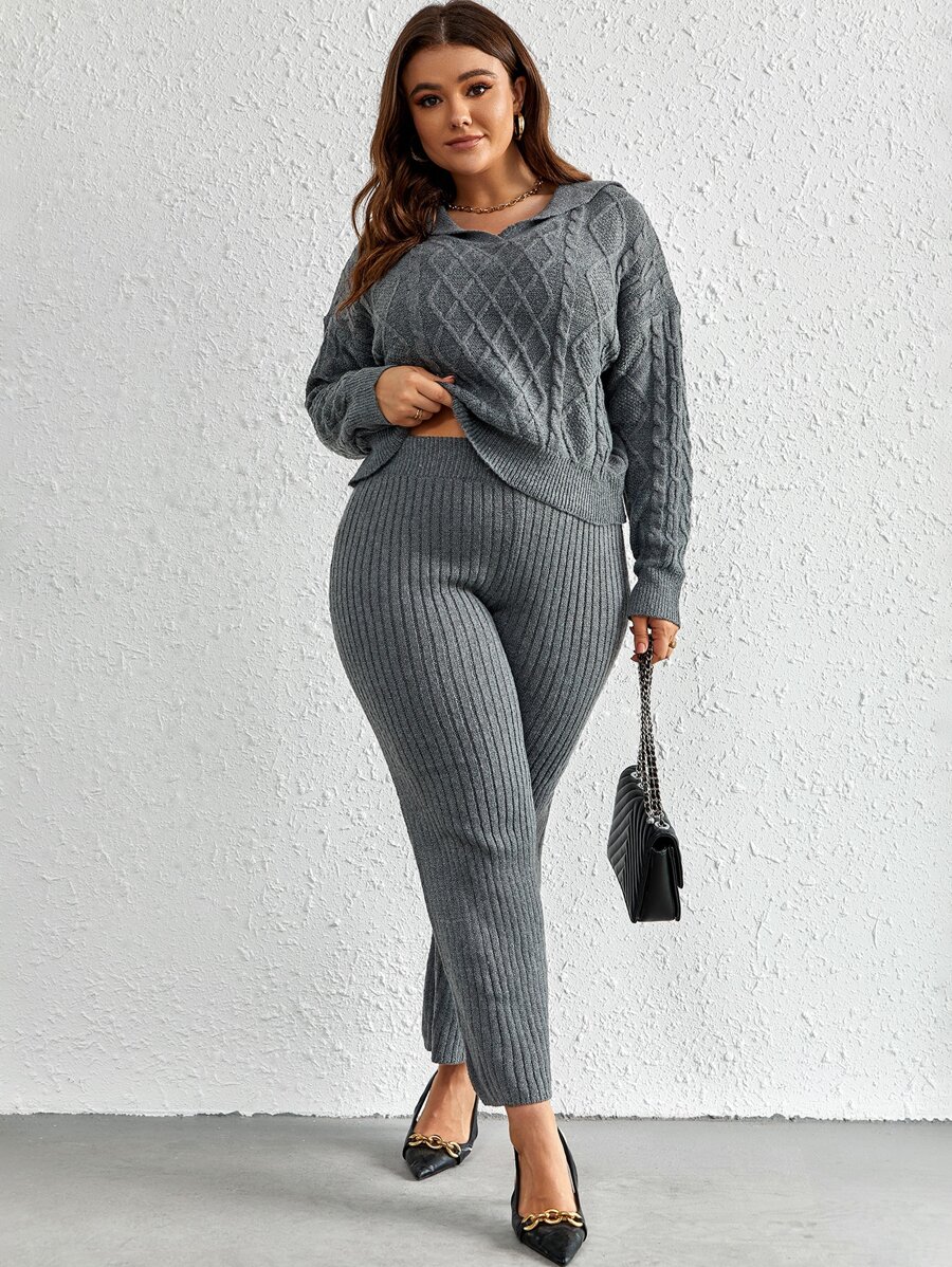 Calvaya Plus Drop Shoulder Jumper & Knit Trousers - Dark Grey - View 1