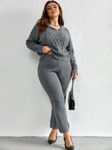 Calvaya Plus Drop Shoulder Jumper & Knit Trousers - Dark Grey - View 3