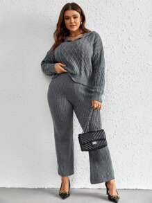 Calvaya Plus Drop Shoulder Jumper & Knit Trousers - Dark Grey - View 5