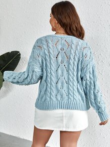 SHEIN Qutie Cárdigan de punto de malla de hombros caídos con nudo delantero - Celeste - Ver 2