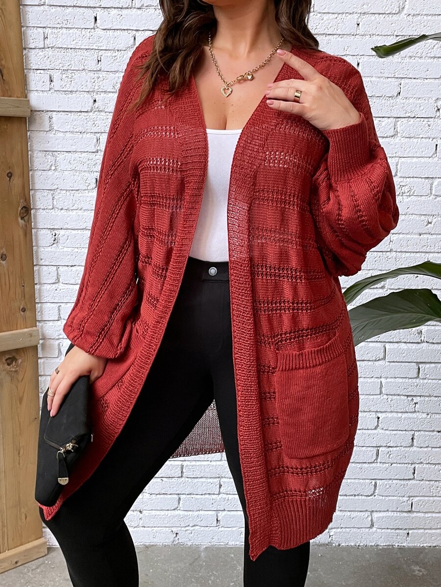 SHEIN LUNE Cárdigan de punto con manga farol y diseño de calado para talla grande