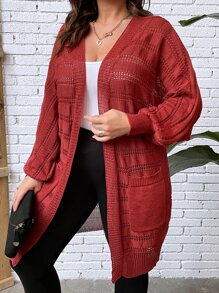 SHEIN LUNE Cárdigan de punto con manga farol y diseño de calado para talla grande