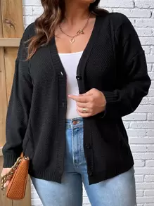 SHEIN LUNE Plus Drop Shoulder Button Front Cardigan In Fall/Winter - Black - View 1