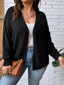 SHEIN LUNE Plus Drop Shoulder Button Front Cardigan In Fall/Winter - Black - View 3