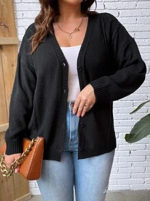 SHEIN LUNE Plus Drop Shoulder Button Front Cardigan In Fall/Winter - Black - View 4