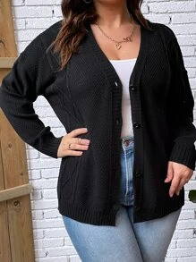 SHEIN LUNE Plus Drop Shoulder Button Front Cardigan In Fall/Winter - Black - View 5
