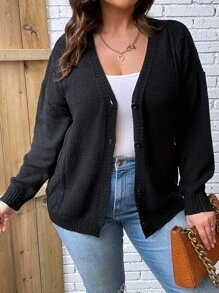SHEIN LUNE Plus Drop Shoulder Button Front Cardigan In Fall/Winter - Black - View 6