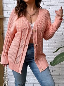 SHEIN Essnce Cárdigan tejido de cable de hombros caídos - Rosa coral - Ver 5