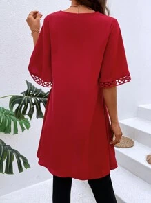 SHEIN LUNE Contrast Lace High Low Hem Blouse - Red - View 5