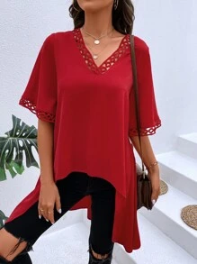 SHEIN LUNE Contrast Lace High Low Hem Blouse - Red - View 3