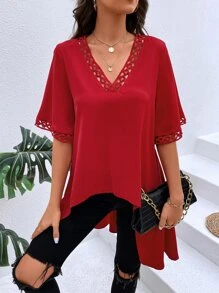 SHEIN LUNE Contrast Lace High Low Hem Blouse - Red - View 1