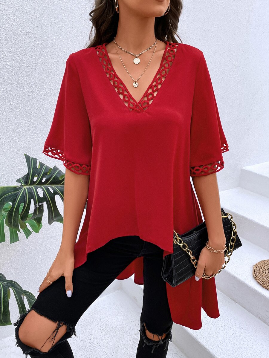 SHEIN LUNE Contrast Lace High Low Hem Blouse - Red - View 1