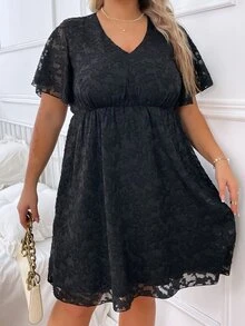 SHEIN LUNE Plus Floral Lace Butterfly Sleeve Dress - Black - View 4