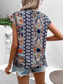 SHEIN LUNE Floral Print Notched Neckline Batwing Sleeve Blouse - Blue - View 3