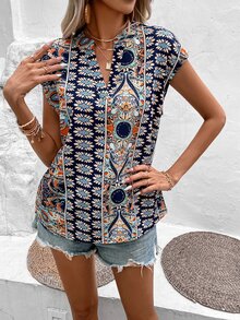 SHEIN LUNE Floral Print Notched Neckline Batwing Sleeve Blouse - Blue - View 6