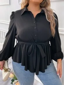 SHEIN LUNE Plus Lantern Sleeve Belted Blouse - Black - View 1