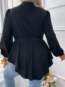 SHEIN LUNE Plus Lantern Sleeve Belted Blouse - Black - View 2
