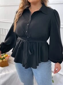 SHEIN LUNE Plus Lantern Sleeve Belted Blouse - Black - View 3