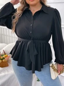 SHEIN LUNE Plus Lantern Sleeve Belted Blouse - Black - View 4