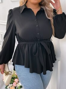 SHEIN LUNE Plus Lantern Sleeve Belted Blouse - Black - View 5