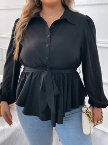 SHEIN LUNE Plus Lantern Sleeve Belted Blouse - Black - View 6