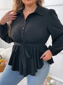 SHEIN LUNE Plus Lantern Sleeve Belted Blouse - Black - View 7
