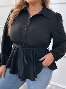 SHEIN LUNE Plus Lantern Sleeve Belted Blouse - Black - View 8