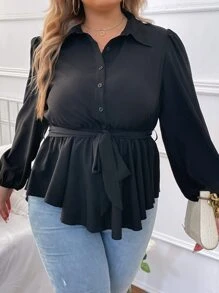 SHEIN LUNE Plus Lantern Sleeve Belted Blouse - Black - View 9
