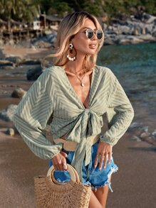 Swim Vcay Solid Knot Front Lantern Sleeve Crop Kimono - Green - View 5