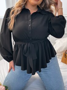 SHEIN LUNE Plus Lantern Sleeve Belted Blouse - Black - View 10