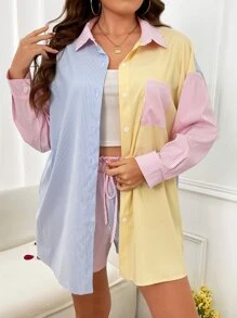 SHEIN Qutie Plus Striped Print Drop Shoulder Shirt & Drawstring Waist Shorts