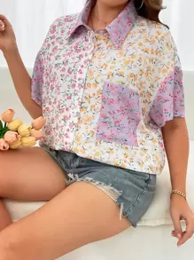 SHEIN Holidaya Plus Allover Floral Print Drop Shoulder Shirt - Multicolor - View 1