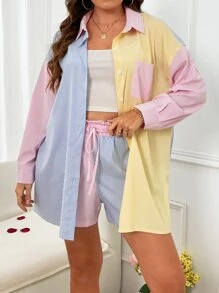 SHEIN Qutie Plus Striped Print Drop Shoulder Shirt & Drawstring Waist Shorts