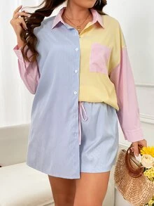 SHEIN Qutie Plus Striped Print Drop Shoulder Shirt & Drawstring Waist Shorts