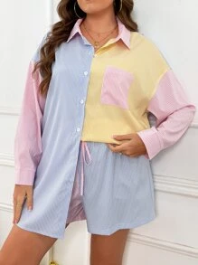 SHEIN Qutie Plus Striped Print Drop Shoulder Shirt & Drawstring Waist Shorts