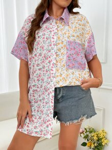 SHEIN Holidaya Plus Allover Floral Print Drop Shoulder Shirt - Multicolor - View 4