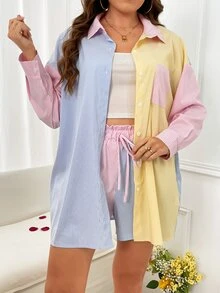 SHEIN Qutie Plus Striped Print Drop Shoulder Shirt & Drawstring Waist Shorts