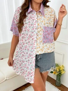 SHEIN Holidaya Plus Allover Floral Print Drop Shoulder Shirt - Multicolor - View 5