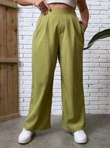 Flirla Plus High Waist Plicated Detail Wide Leg Trousers - Olive Green - View 1