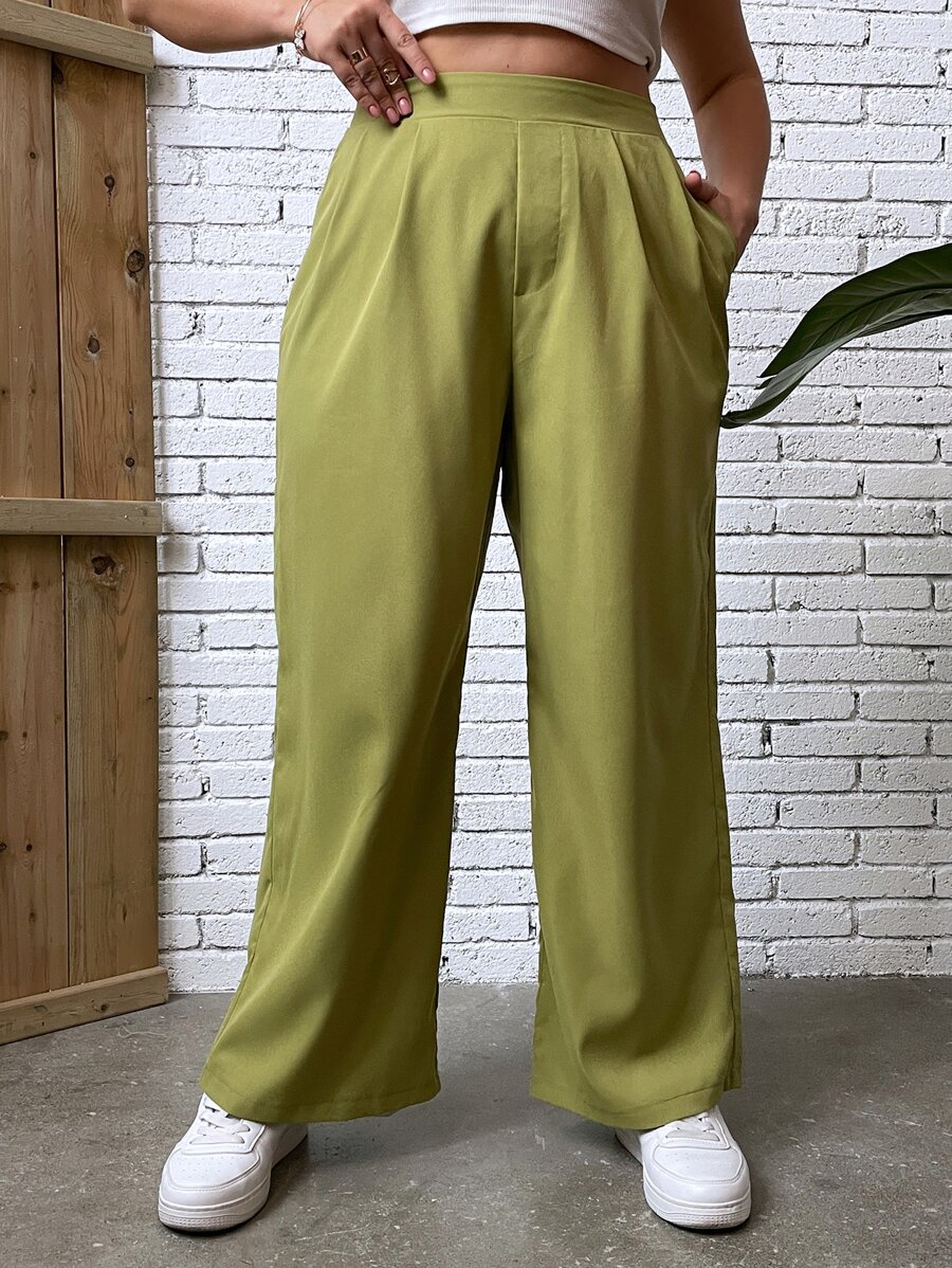 Flirla Plus High Waist Plicated Detail Wide Leg Trousers - Olive Green - View 1
