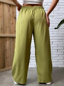 Flirla Plus High Waist Plicated Detail Wide Leg Trousers - Olive Green - View 2