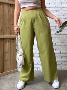 Flirla Plus High Waist Plicated Detail Wide Leg Trousers - Olive Green - View 4