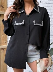 SHEIN LUNE 大碼亮片拼接邊落肩袖襯衫 - 黑色 - 查看 1