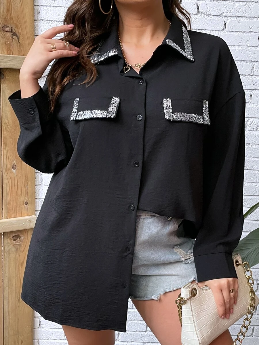 SHEIN LUNE 大碼亮片拼接邊落肩袖襯衫 - 黑色 - 查看 1