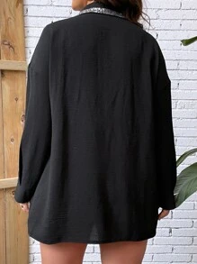 SHEIN LUNE 大碼亮片拼接邊落肩袖襯衫 - 黑色 - 查看 2