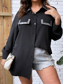 SHEIN LUNE 大碼亮片拼接邊落肩袖襯衫 - 黑色 - 查看 3